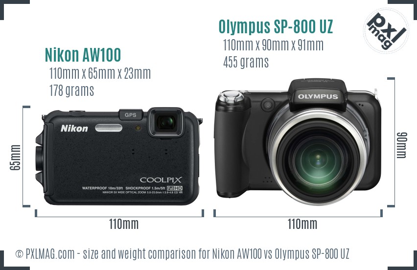 Nikon AW100 vs Olympus SP-800 UZ size comparison