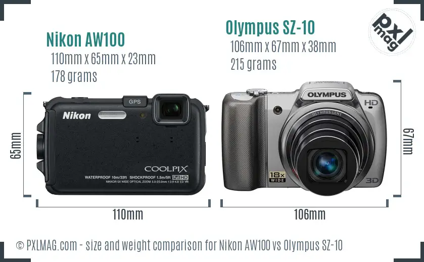 Nikon AW100 vs Olympus SZ-10 size comparison