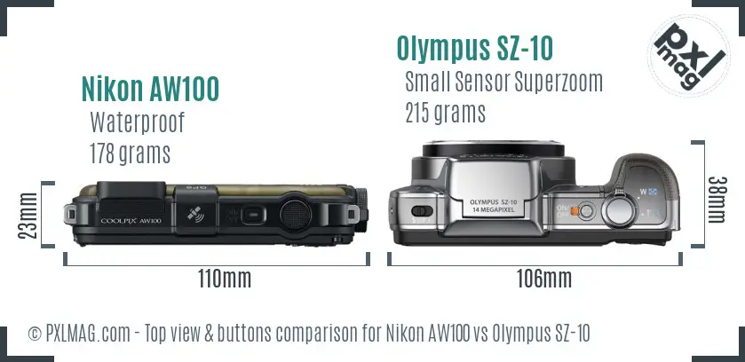Nikon AW100 vs Olympus SZ-10 top view buttons comparison