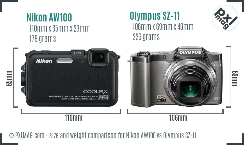Nikon AW100 vs Olympus SZ-11 size comparison