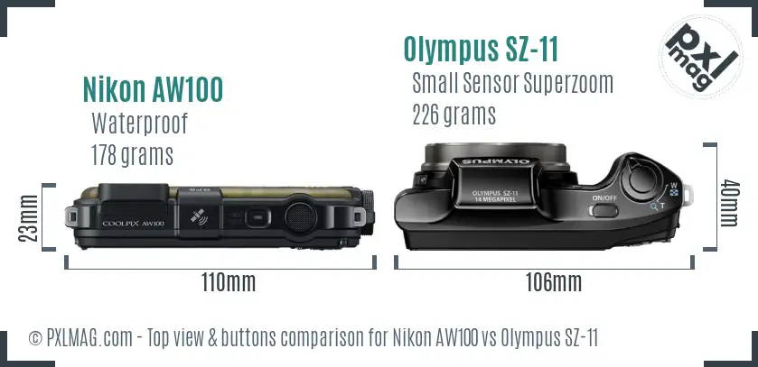 Nikon AW100 vs Olympus SZ-11 top view buttons comparison