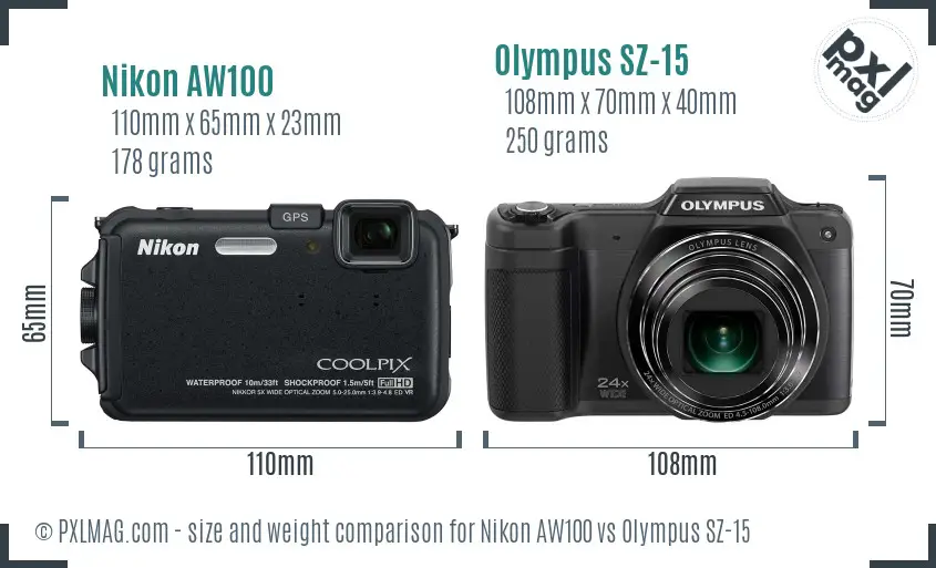 Nikon AW100 vs Olympus SZ-15 size comparison