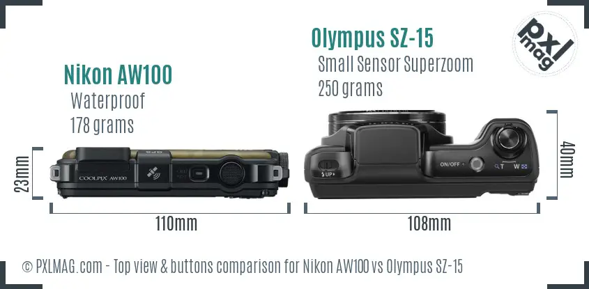 Nikon AW100 vs Olympus SZ-15 top view buttons comparison