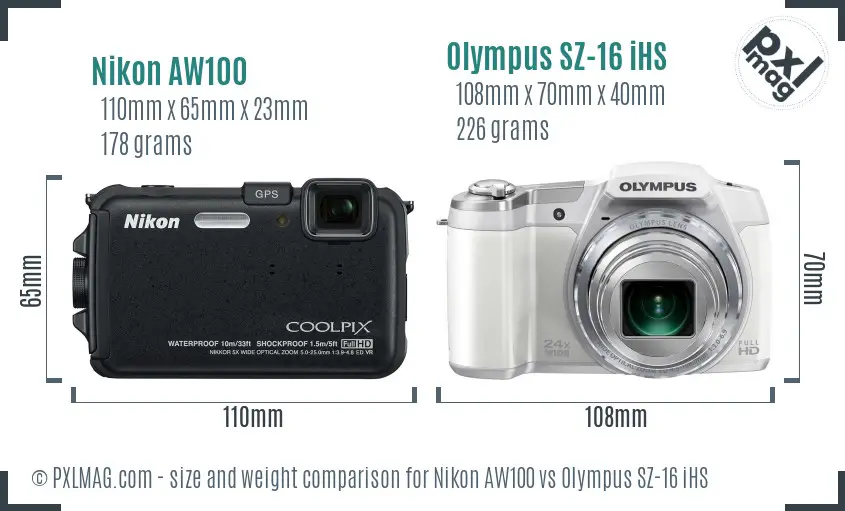 Nikon AW100 vs Olympus SZ-16 iHS size comparison