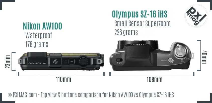 Nikon AW100 vs Olympus SZ-16 iHS top view buttons comparison