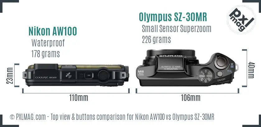Nikon AW100 vs Olympus SZ-30MR top view buttons comparison Nikon AW100 vs Olympus SZ-30MR top view buttons comparison