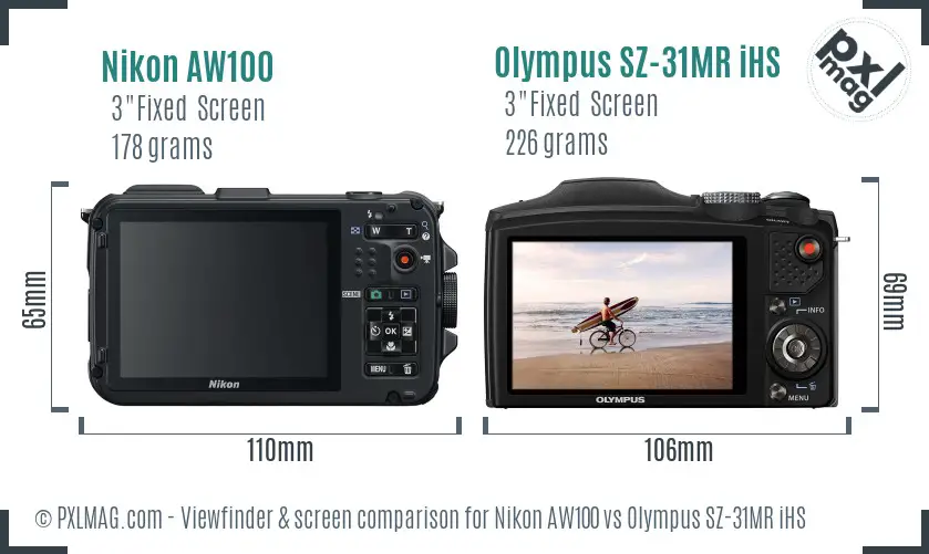 Nikon AW100 vs Olympus SZ-31MR iHS Screen and Viewfinder comparison