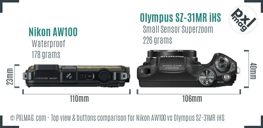 Nikon AW100 vs Olympus SZ-31MR iHS top view buttons comparison