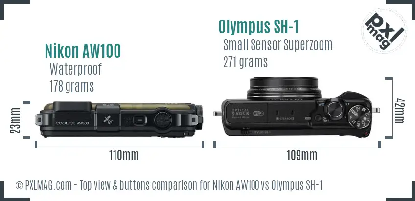Nikon AW100 vs Olympus SH-1 top view buttons comparison Nikon AW100 vs Olympus SH-1 top view buttons comparison