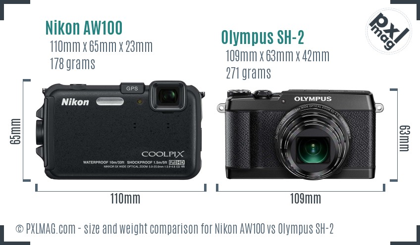 Nikon AW100 vs Olympus SH-2 size comparison