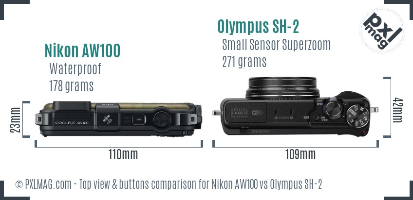 Nikon AW100 vs Olympus SH-2 top view buttons comparison