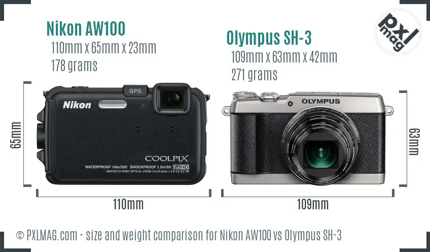 Nikon AW100 vs Olympus SH-3 size comparison