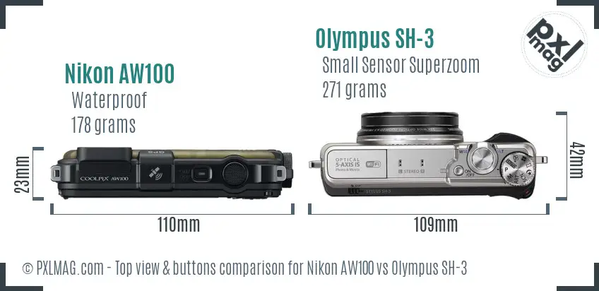Nikon AW100 vs Olympus SH-3 top view buttons comparison