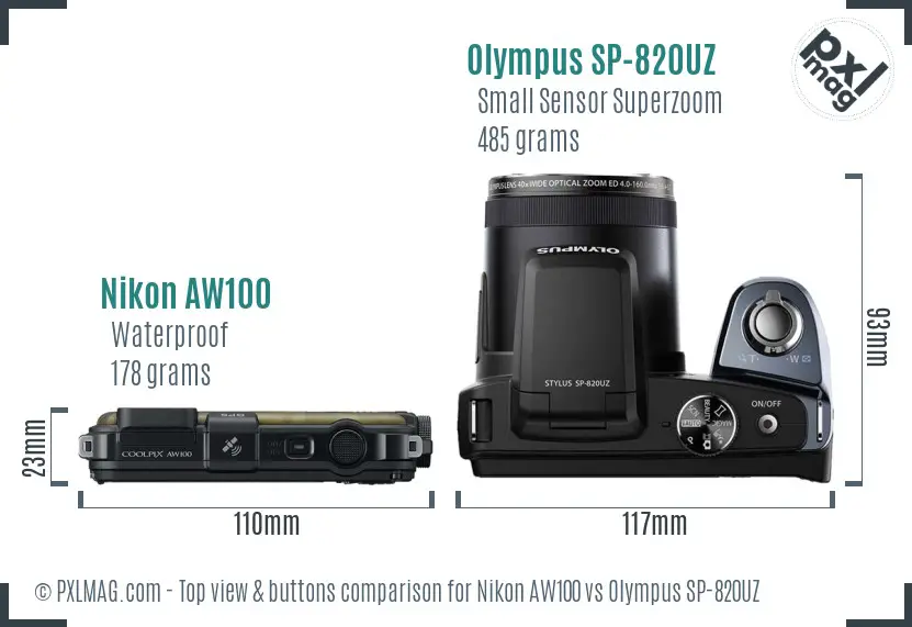 Nikon AW100 vs Olympus SP-820UZ top view buttons comparison