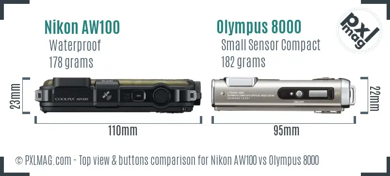 Nikon AW100 vs Olympus 8000 top view buttons comparison Nikon AW100 vs Olympus 8000 top view buttons comparison