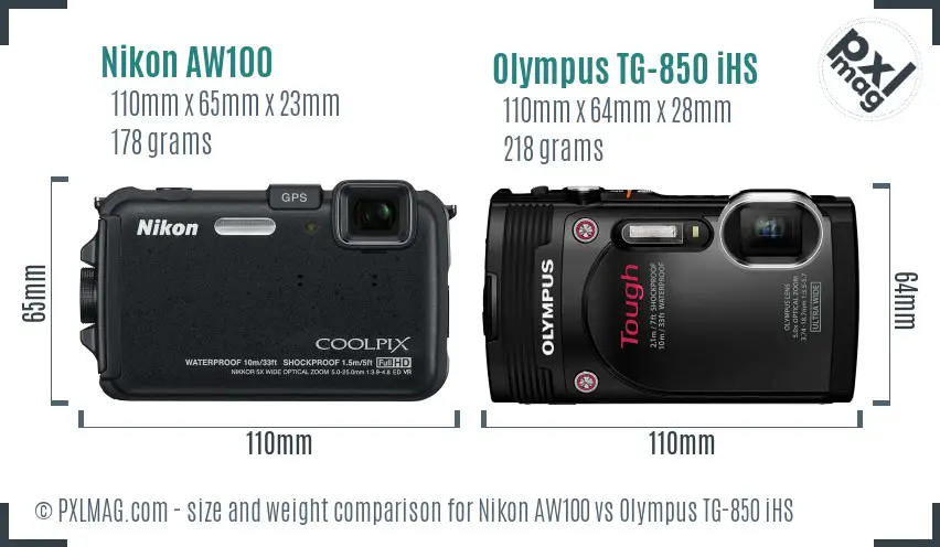 Nikon AW100 vs Olympus TG-850 iHS size comparison