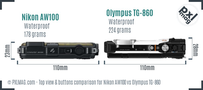 Nikon AW100 vs Olympus TG-860 top view buttons comparison