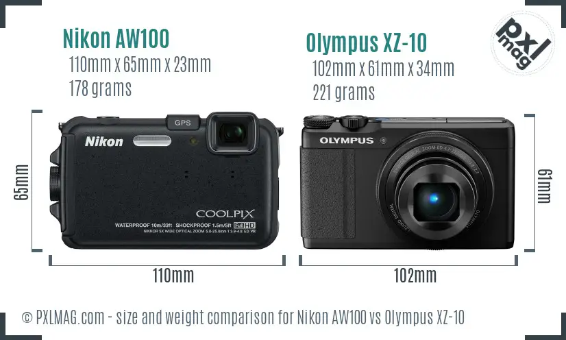 Nikon AW100 vs Olympus XZ-10 size comparison Nikon AW100 vs Olympus XZ-10 size comparison