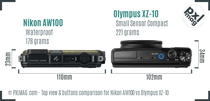 Nikon AW100 vs Olympus XZ-10 top view buttons comparison Nikon AW100 vs Olympus XZ-10 top view buttons comparison
