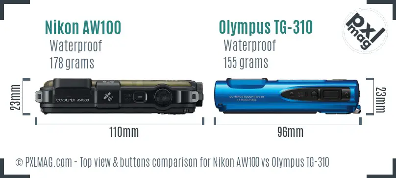 Nikon AW100 vs Olympus TG-310 top view buttons comparison