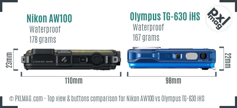 Nikon AW100 vs Olympus TG-630 iHS top view buttons comparison Nikon AW100 vs Olympus TG-630 iHS top view buttons comparison
