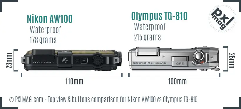 Nikon AW100 vs Olympus TG-810 top view buttons comparison Nikon AW100 vs Olympus TG-810 top view buttons comparison