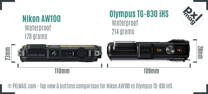 Nikon AW100 vs Olympus TG-830 iHS top view buttons comparison