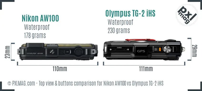 Nikon AW100 vs Olympus TG-2 iHS top view buttons comparison Nikon AW100 vs Olympus TG-2 iHS top view buttons comparison