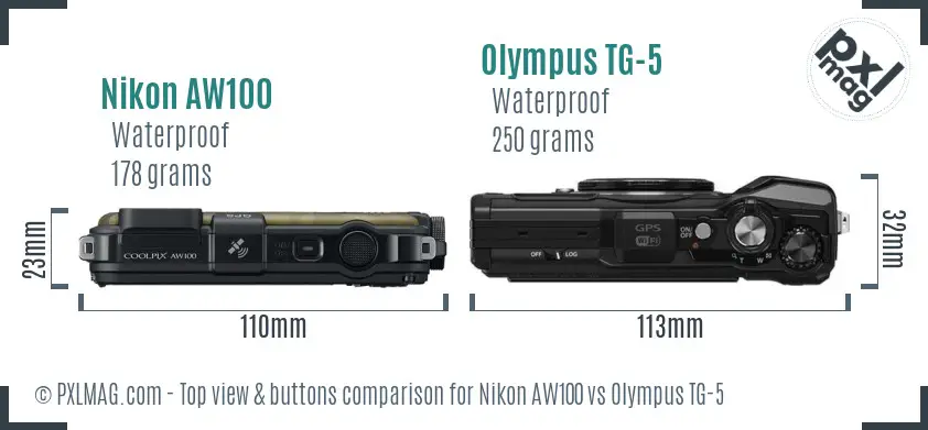 Nikon AW100 vs Olympus TG-5 top view buttons comparison