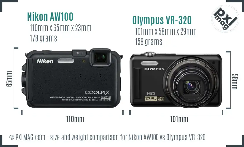 Nikon AW100 vs Olympus VR-320 size comparison