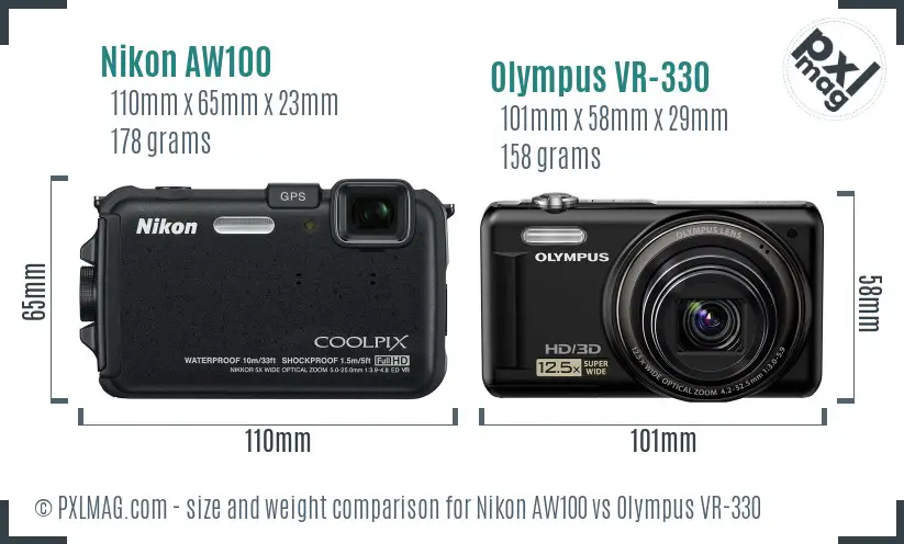 Nikon AW100 vs Olympus VR-330 size comparison