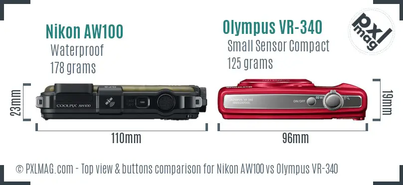 Nikon AW100 vs Olympus VR-340 top view buttons comparison