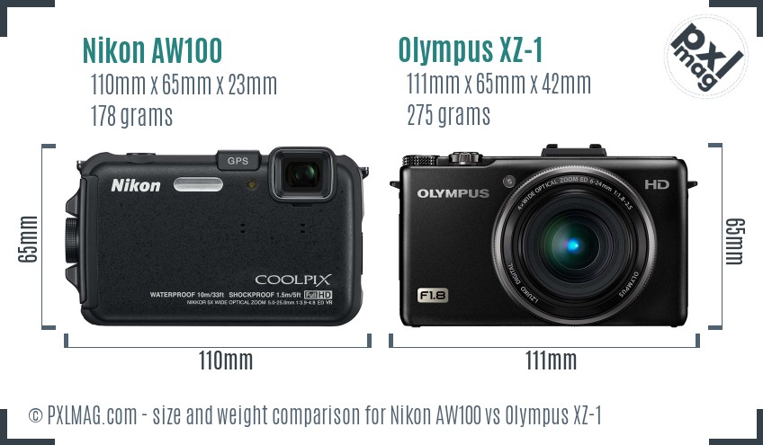 Nikon AW100 vs Olympus XZ-1 size comparison