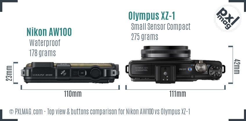 Nikon AW100 vs Olympus XZ-1 top view buttons comparison