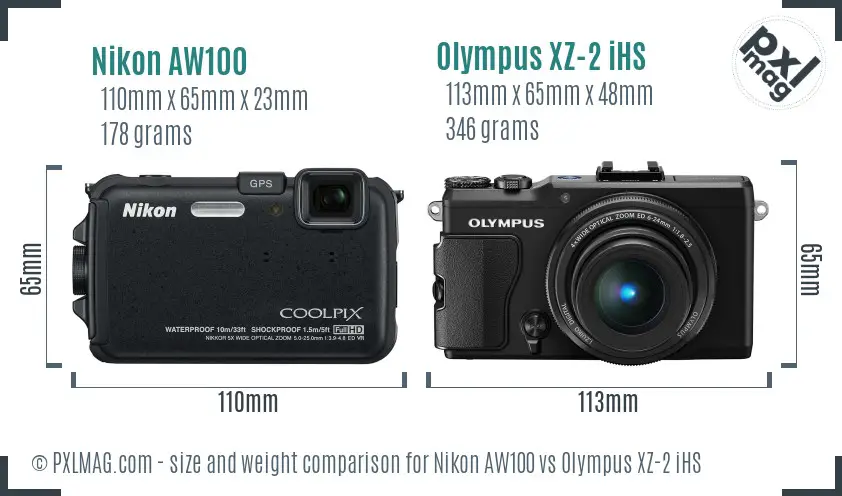 Nikon AW100 vs Olympus XZ-2 iHS size comparison