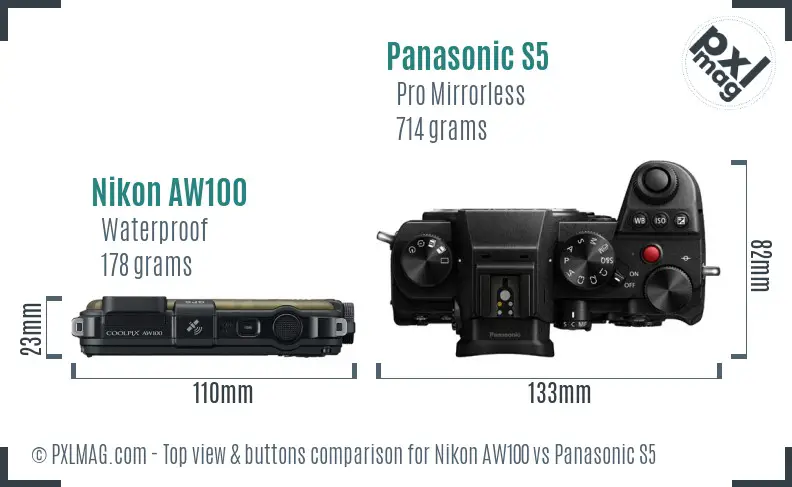 Nikon AW100 vs Panasonic S5 top view buttons comparison