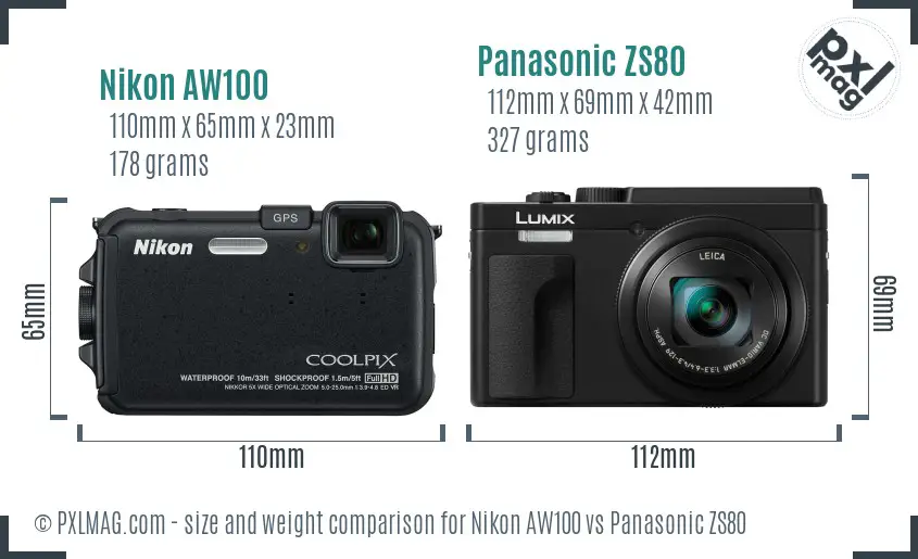 Nikon AW100 vs Panasonic ZS80 size comparison