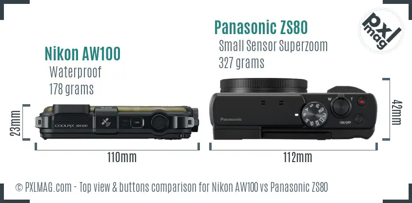 Nikon AW100 vs Panasonic ZS80 top view buttons comparison