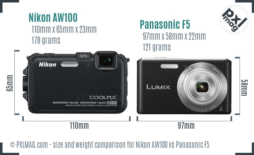 Nikon AW100 vs Panasonic F5 size comparison