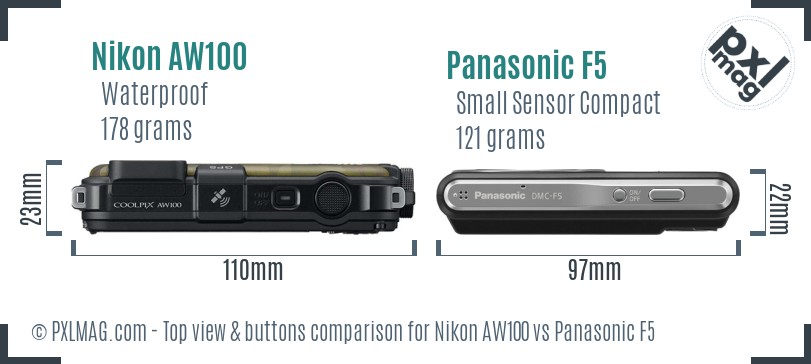 Nikon AW100 vs Panasonic F5 top view buttons comparison