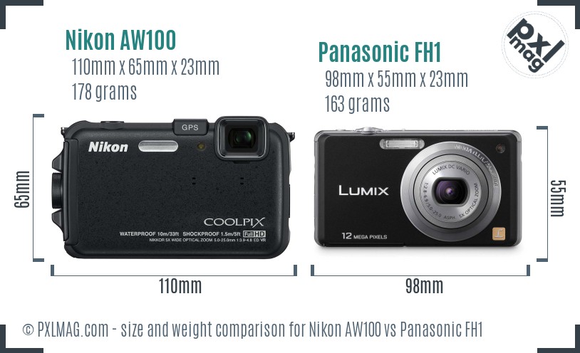 Nikon AW100 vs Panasonic FH1 size comparison