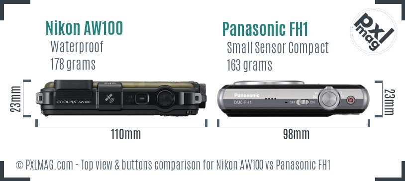 Nikon AW100 vs Panasonic FH1 top view buttons comparison