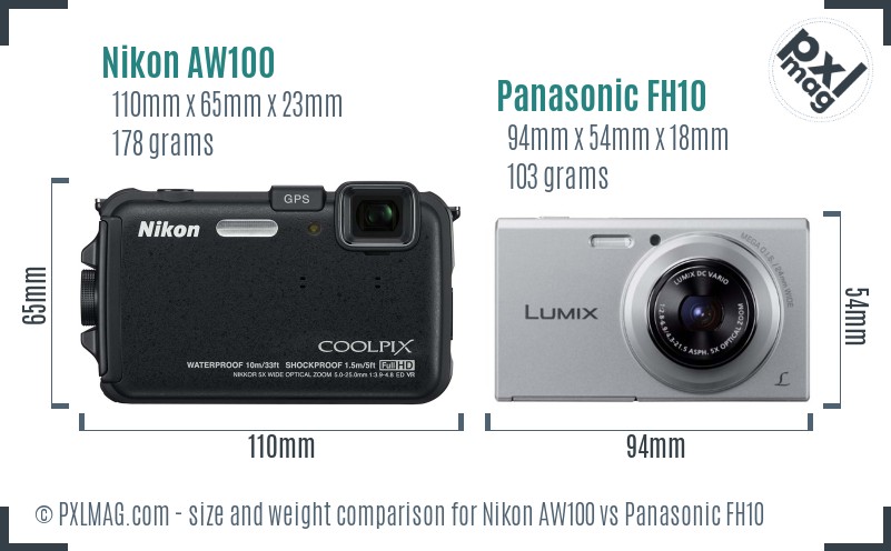 Nikon AW100 vs Panasonic FH10 size comparison Nikon AW100 vs Panasonic FH10 size comparison