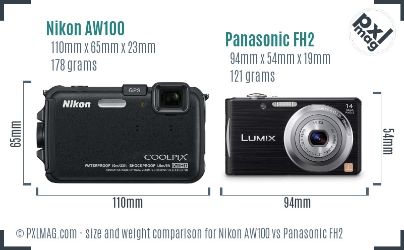 Nikon AW100 vs Panasonic FH2 size comparison Nikon AW100 vs Panasonic FH2 size comparison