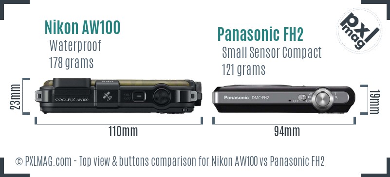 Nikon AW100 vs Panasonic FH2 top view buttons comparison