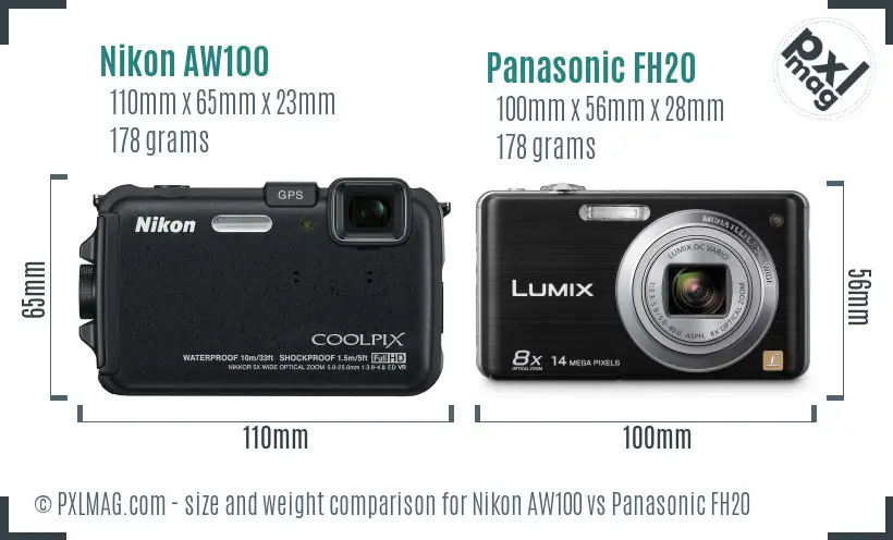 Nikon AW100 vs Panasonic FH20 size comparison