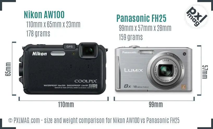 Nikon AW100 vs Panasonic FH25 size comparison