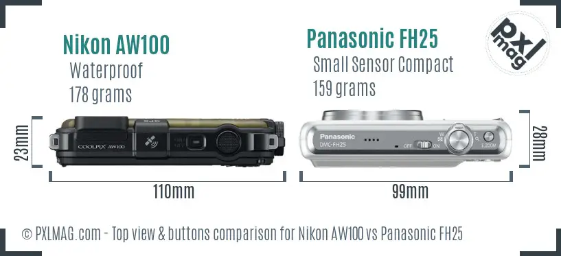 Nikon AW100 vs Panasonic FH25 top view buttons comparison
