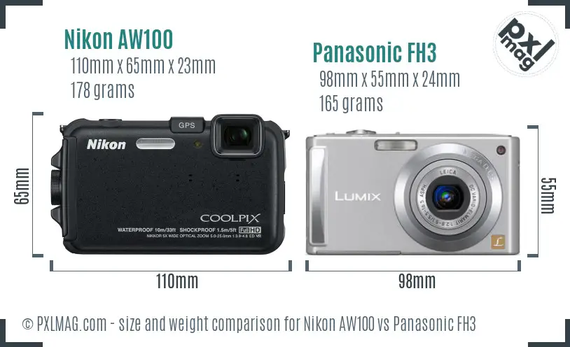 Nikon AW100 vs Panasonic FH3 size comparison
