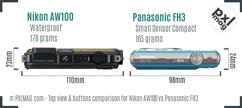Nikon AW100 vs Panasonic FH3 top view buttons comparison